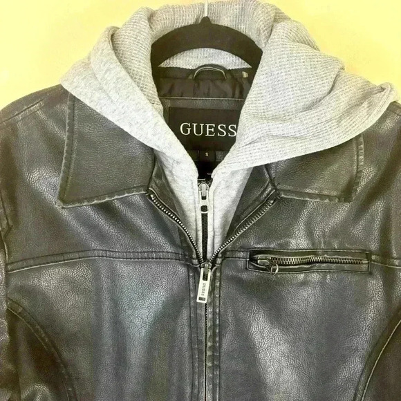 Guess Men Black Faux Leather Double Zip Hooded Coat Moto Bomber Jacket Size S - Picture 2 of 16
